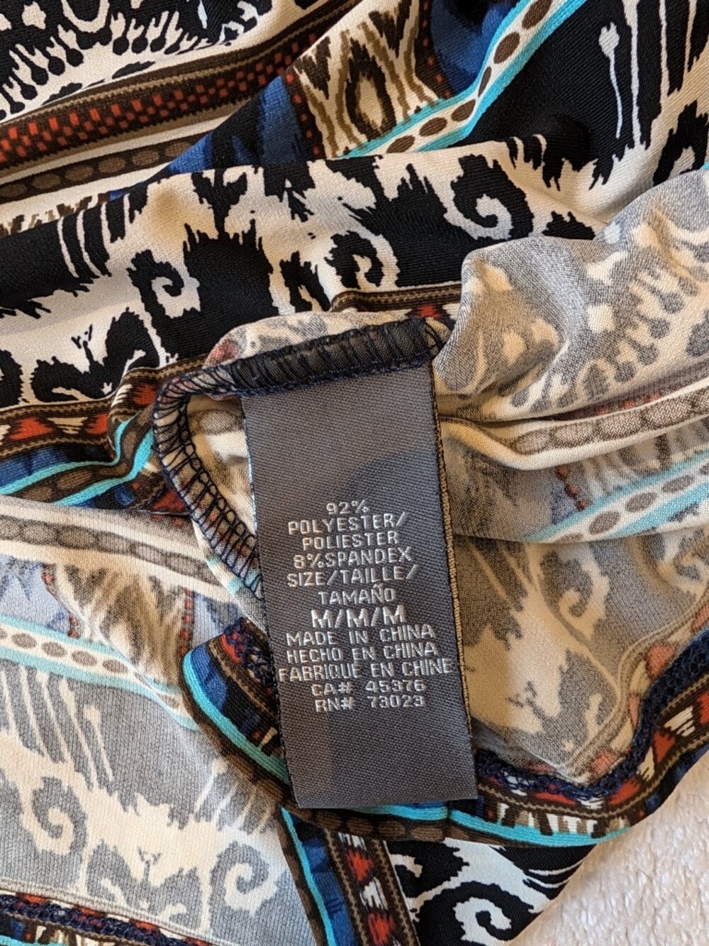 Suzy Shier Boho Geometric Ikat Shift Dress Tunic Bell Sleeve Blue Brown Size M - Picture 7 of 9